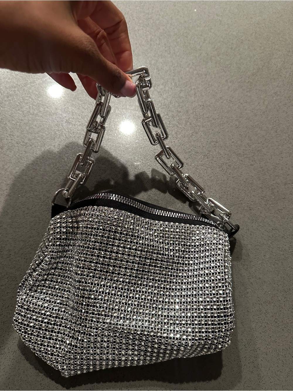 Silver Rhinestone Chain-Handle Women's Evening Bag